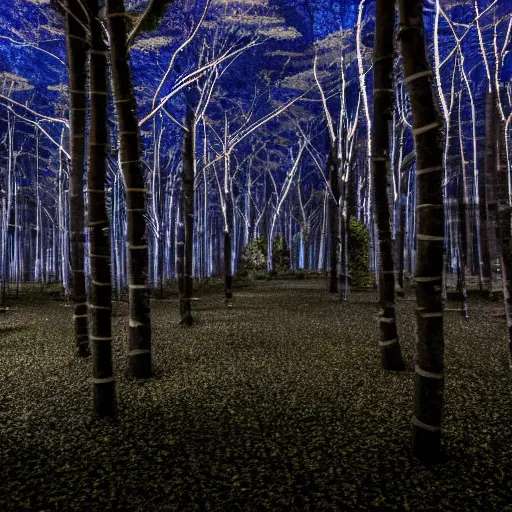 Image similar to Ground level view of An indigo forest in Japan, dark, midnight, seven ghostly white trees