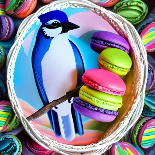 Prompt: A photograph of a (photorealistic blue jay) standing on a large basket of rainbow macarons.