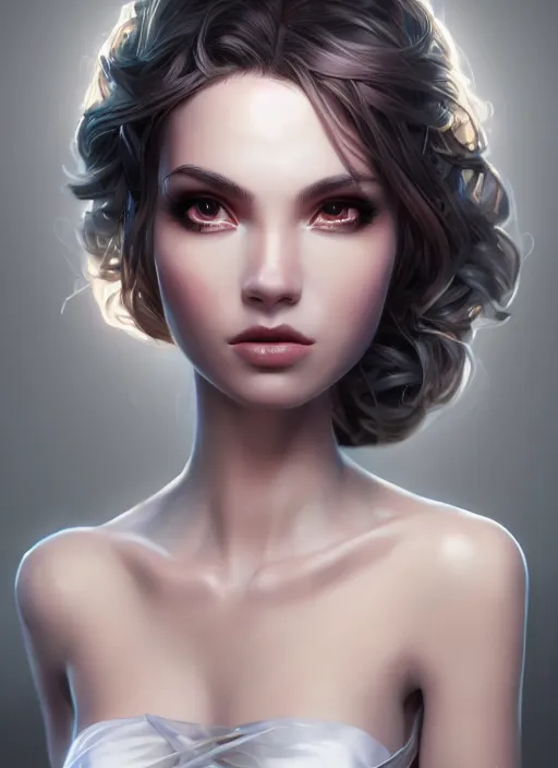 Image similar to beautiful fashion goddness, strapless dress, character portrait in the style of thomas river and artgerm, wlop, cinematic lighting, hyperdetailed, 8 k realistic, symmetrical, global illumination, radiant light, halo, love and mercy, frostbite 3 engine, cryengine, dof, trending on artstation, digital art, chanel