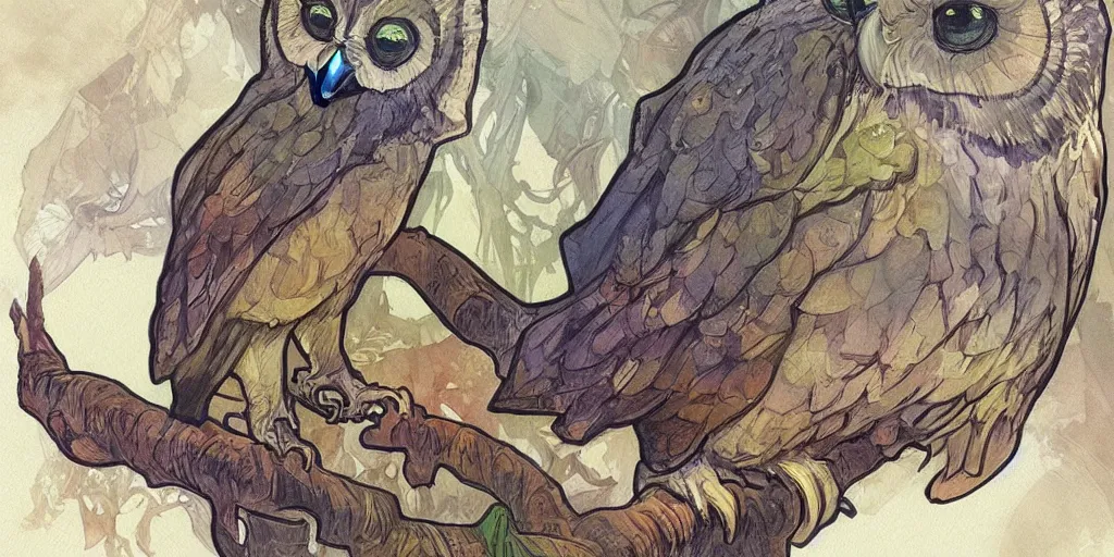 Image similar to owl, water color, D&D, fantasy, highly detailed, digital painting, artstation, concept art, matte, sharp focus, illustration, art by Ivan Gantschev and Alphonse Mucha