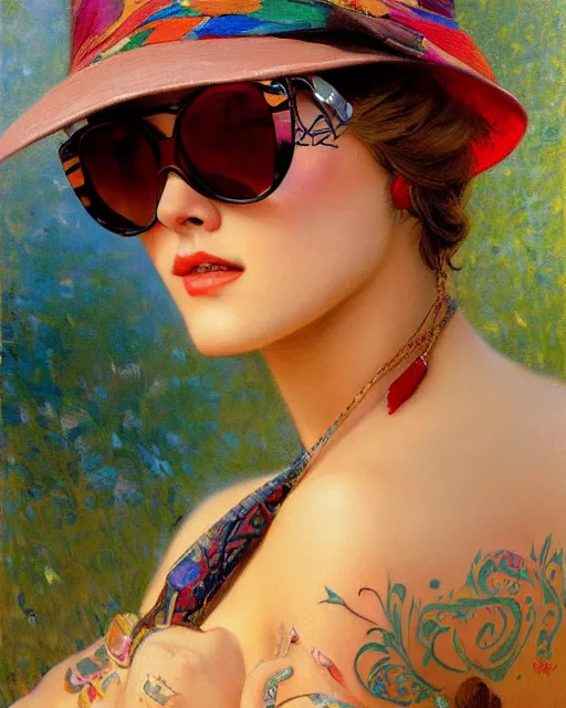 Prompt: an attractive girl with tattoos wearing sunglasses and a colourful patterned hat. highly detailed painting by gaston bussiere, craig mullins, j. c. leyendecker 8 k