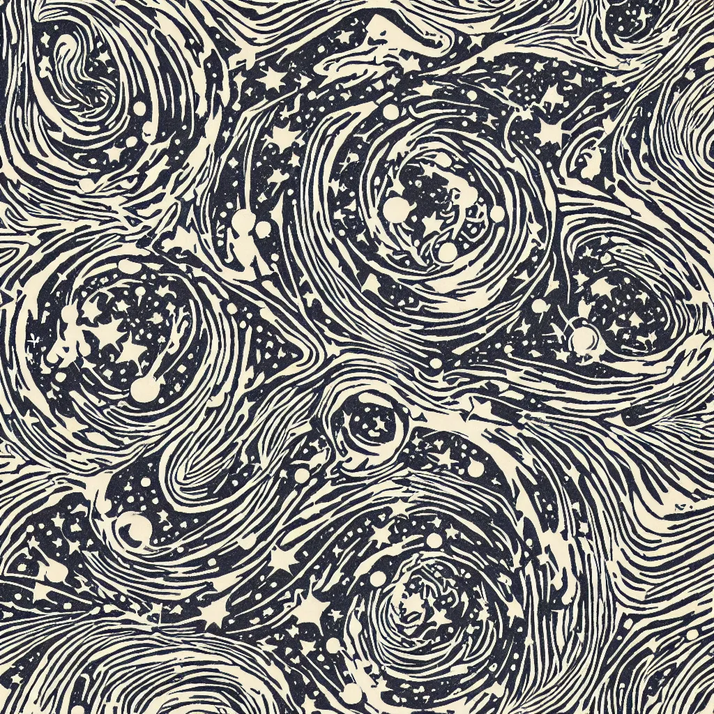 Prompt: optical illusion woodblock print, galactic phenomena outer space \stamp pattern