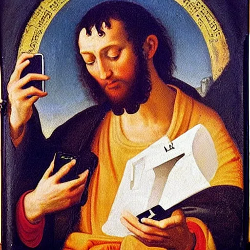 Prompt: renaissance oil painting, monk prophet holding the holy iphone mobile phone of god taking a selfie