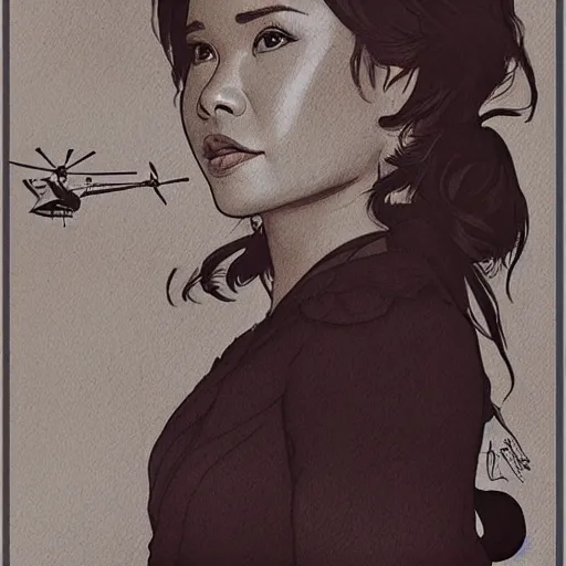 Image similar to amazing lifelike award winning pencil illustration of Lea Salonga in a helicopter trending on art station artgerm Greg rutkowski alphonse mucha miss Saigon cinematic