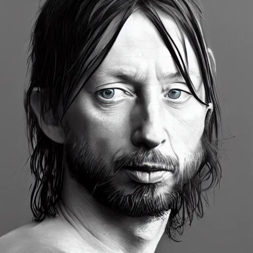 Image similar to Caricature portraits done of a young Thom Yorke, realistic, hyperrealistic, very realistic, highly detailed, very detailed, extremely detailed, detailed, oil painting, digital art, trending on artstation