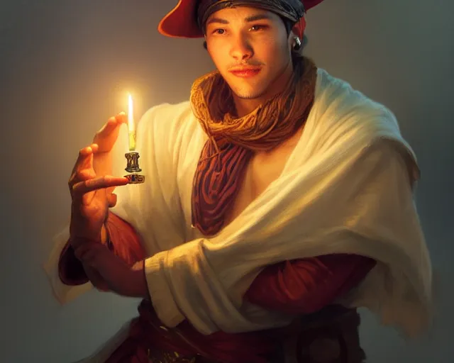 Image similar to a mind - blowing portrait of a fortune seeker male, holding a candle, wearing a sleeping cap, joyful, d & d, fantasy, intricate, elegant, highly detailed, digital painting, artstation, concept art, matte, sharp, illustration, hearthstone, art by artgerm and greg rutkowski and alphonse mucha