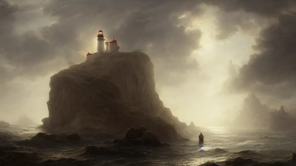 Prompt: lighthouse in the cave, andreas achenbach, artgerm, mikko lagerstedt, zack snyder, tokujin yoshioka