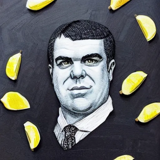 Image similar to lemony snicket portrait made from lemons, detailed,