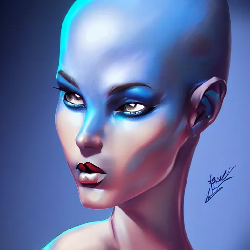 Prompt: pinup photo of a beautiful blue alien girl, intricate, highly detailed, digital painting, artstation, oppressive lighting, fashion concept art, sharp focus, illustration