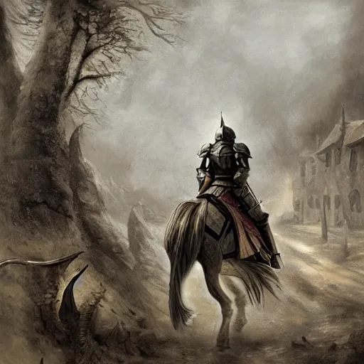 Image similar to mounted knight entering a spooky village