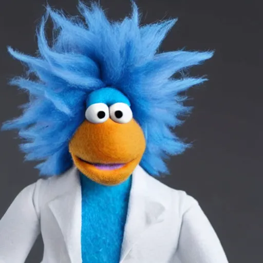 Image similar to rick sanchez as a muppet with blue hair wearing a white lab coat. highly detailed felt. hyper real photo. 4 k.