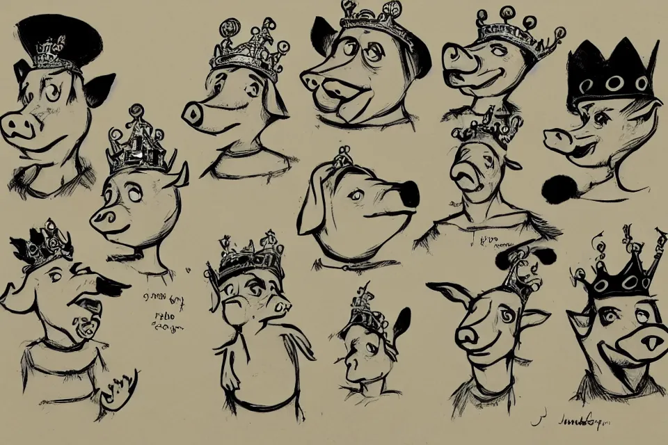 Prompt: concept sketches of a pig wearing a gold crown by jamie hewlett, in the style of 1930s cartoons