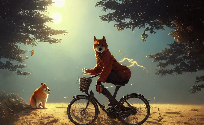 Image similar to Highly detailed portrait of shiba riding a bike, Stephen Bliss, unreal engine, fantasy art by Greg Rutkowski, Loish, Rhads, ferdinand knab, Makoto Shinkai and Lois van baarle, ilya kuvshinov, rossdraws, Tom Bagshaw, alphonse mucha, global illumination, radiant light, detailed and intricate environment