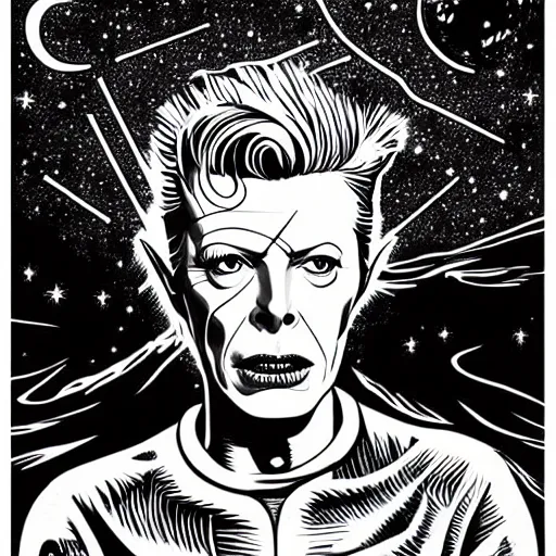 Image similar to mcbess illustration of David Bowie as a god In space , cinematic, hyper realistic, photo realistic, 4k, galaxies