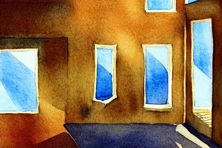 Image similar to rays of the morning sun shining through the window of the village house. very beautiful, clear sky, warm shiny colors, watercolor drawing