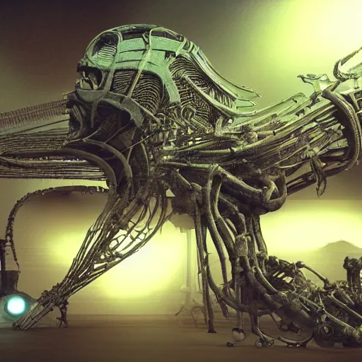 Image similar to biomechanical phyrexian dreadnought plus borg queen hybrid being possessed by the machine spirit artists tram pararam and doctor seuss with beryl cook and hr giger neon high contrast cinematic light, mystical shadows, sharp focus, octane render