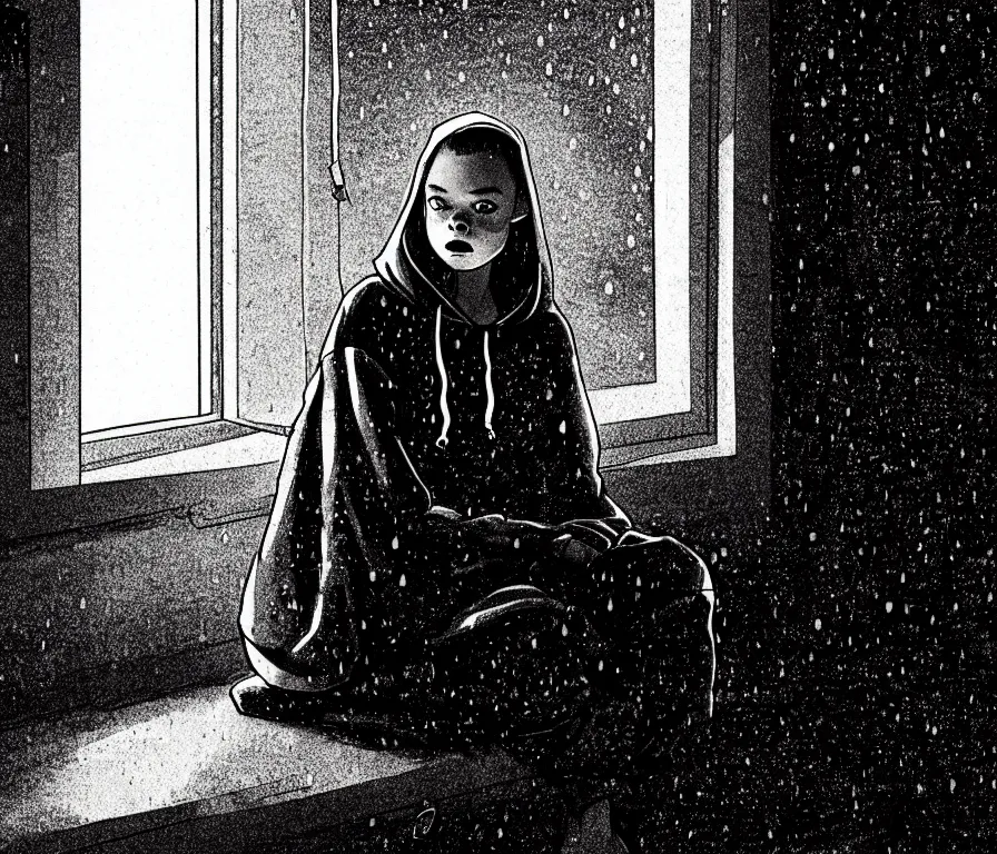 Prompt: sadie sink in hoodie sits on windowsill, knees tucked in | rain falls at night : storyboard, scifi cyberpunk. by gabriel hardman. cinematic atmosphere, detailed and intricate, perfect anatomy