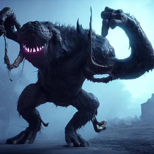 Image similar to cinematography picture with monster with bat wings, cyclope eye, big claws, several arms, hiding in the dark, 8k, unreal engine 5, hyperrealistic quality, ps5