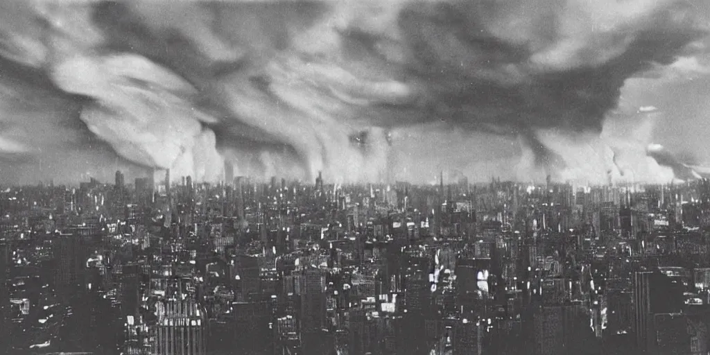Prompt: vintage analog photograph of an explosion in a gigantic futurist city, in the style of gotham city, with gigantic clouds visible above the skycrapers, heavy film grain, neon lights, rain red color bleed, rich azure tones