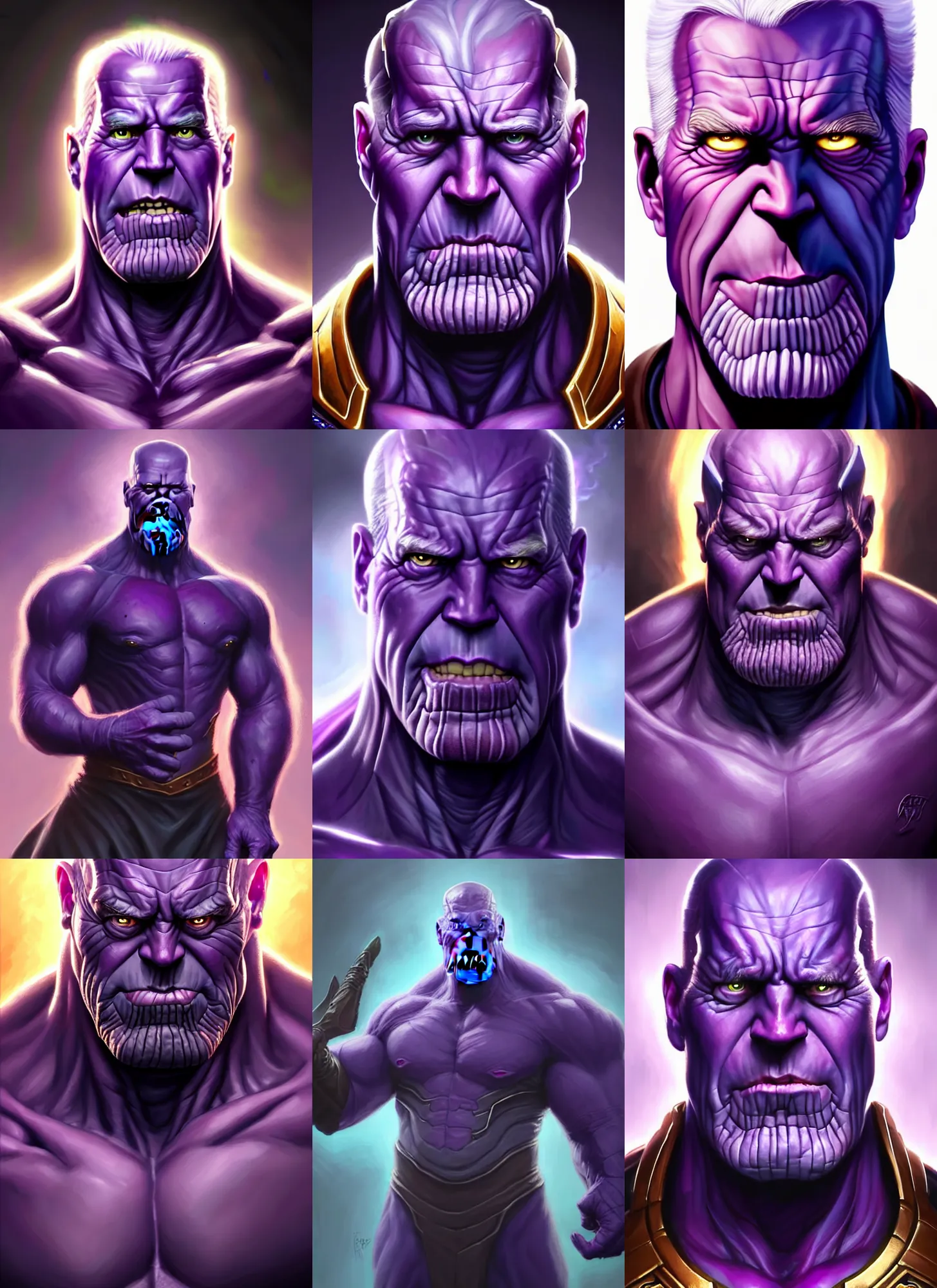 Prompt: a fantasy style portrait painting a character if joe biden and thanos had a son, purple skin, powerful chin, thanos style traits, painting, unreal 5, daz., rpg, portrait, extremely detailed, artgerm greg rutkowski _ greg