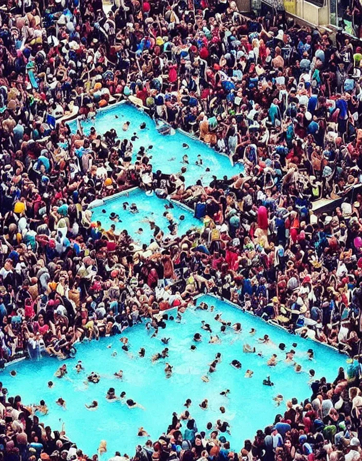 Prompt: “ a mob of angry people stuck in a small square swimming pool ”