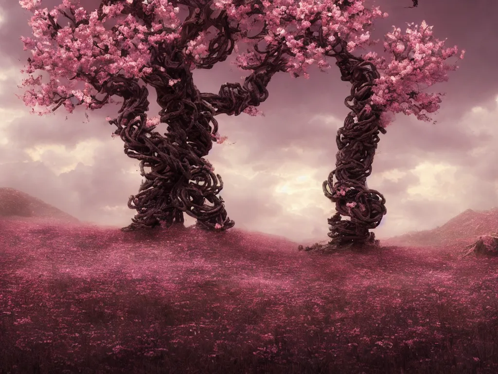 Prompt: a Photorealistic complex hyper detailed hyper realistic rendering of a gigantic eerie knotted tree full of beautiful blossoming pink Sakura flowers in a desert valley with flowers scattered all over the ground at dusk,dark stormy clouds by Craig Mullins,Greg Rutkowski,Beautiful dynamic dramatic dark moody lighting,shadows,volumetric,Cinematic Atmosphere,high surface and silhouette details,Octane Render,8k