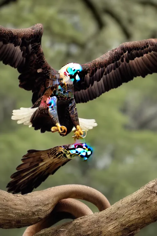 Image similar to eagle eat snake, in savannah, winning pulitzer award winning, captured by nikon d 8 5 0, bokeh, dynamic composition, and daniel berehulak and adnan abidi and preston gannaway, matt rainey, stephanie welsh, kyochi sawada