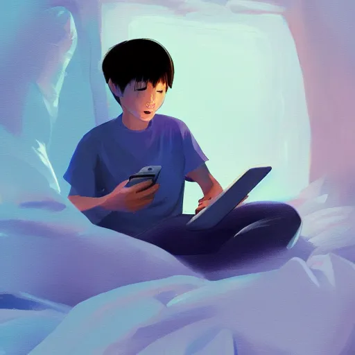 Prompt: beautiful detailed!!!!!! digital painting of a short asian teenager with short hair sitting in a bean bag and playing on his phone in his dark!!! dimly - lit blue messy room, stunning digital painting, top digital painting, expressive character design, 4 k quality, highly detailed, smooth, sharp focus, clear, trending on artstation