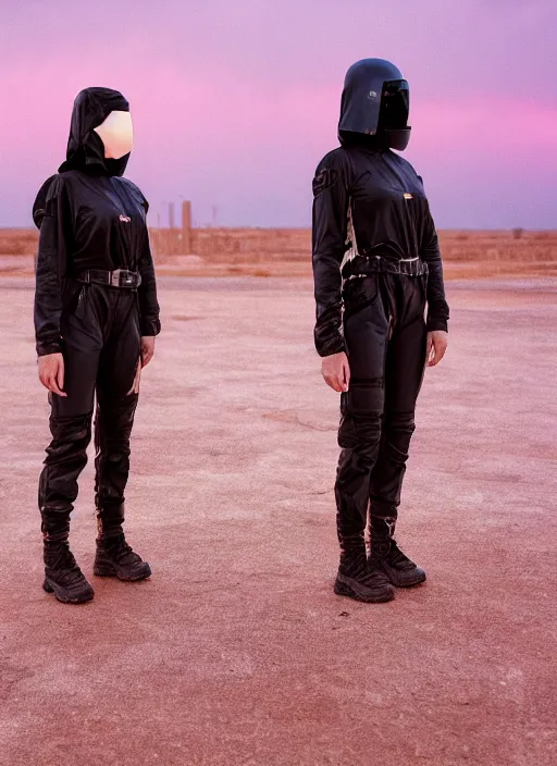 Image similar to cinestill 5 0 d photographic portrait of two loving clones, techwear women on a desolate plain with a red sky, a brutalist dark metal facility in the background, dust storm, depth of field, 4 k, 8 k, hd, full color