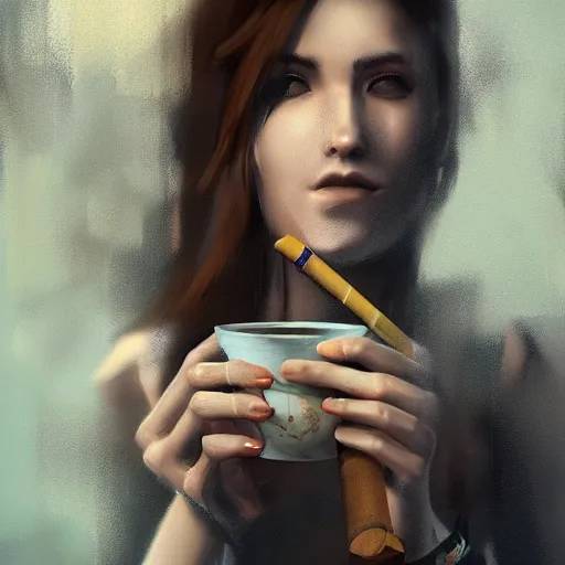 Prompt: drowning past regrets in tea and cigarettes, artstation, cgsociety