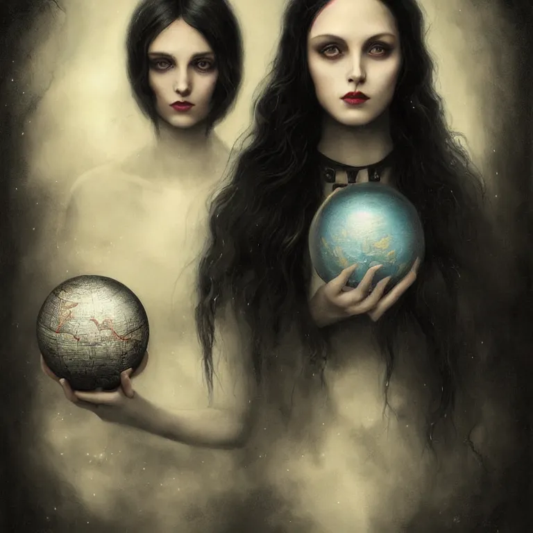 Image similar to a woman in black with long hair holding a small globe by tom bagshaw