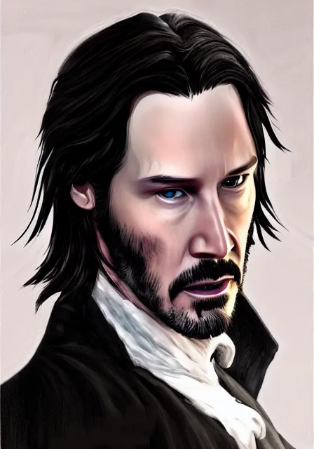 Image similar to keanu reeves as dracula, highly detailed, digital painting, artstation, concept art, smooth, sharp focus, illustration