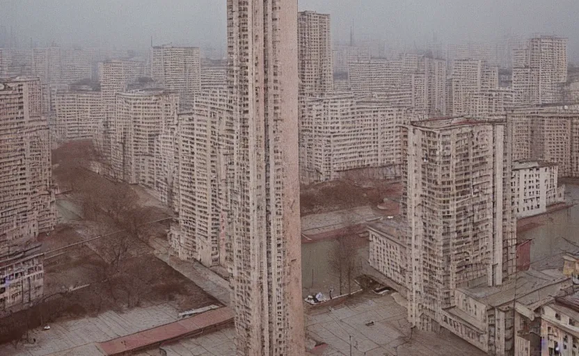 Prompt: 80s historic footage of a soviet city with soviet high rise and pedestrians, aerial photo night vision, Cinestill 800t 18mm, heavy grainy picture, very detailed, high quality, 4k panoramic, billboards and streetlight at night, rain, mud, foggy