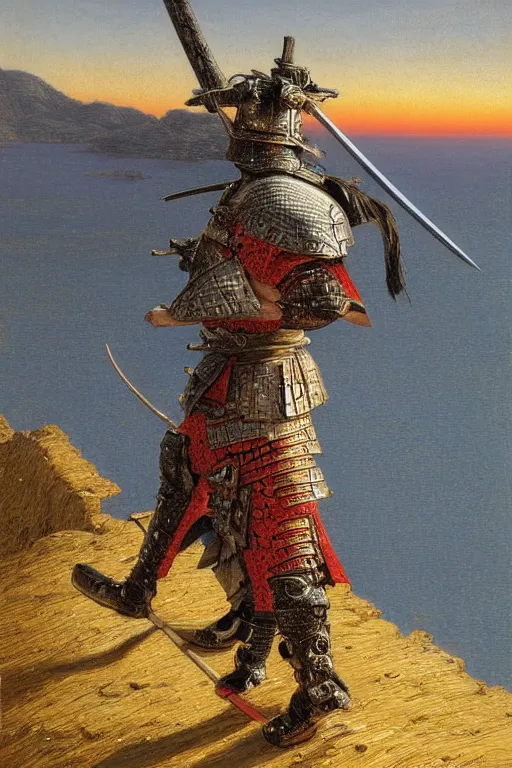 Prompt: a samurai in armour looking into the horizon on a cliff, golden hour, dramatic lighting, fluid, smooth, bright, colours, high contrast, sharpness, very detailed, intricate, by donato giancola, gustave dore and junji ito