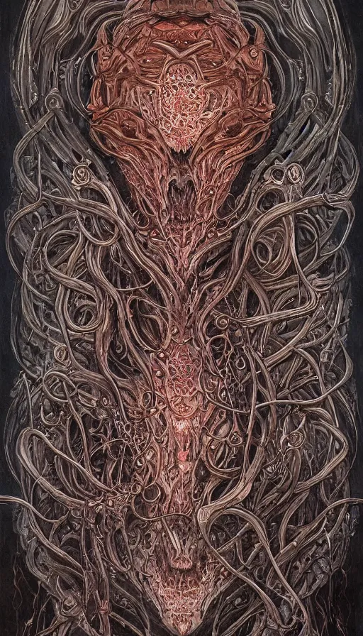 Image similar to Elden Ring and Doom themed painting of beautiful eldritch symmetrical face mask pattern concept, infinity glyph, intricate artwork by, Johnatan Wayshak, Zdizslaw Beksinski, Ayami Kojima, Amano, Karol Bak, Darius Zawadzki, and Mark Brooks, Neo-Gothic, gothic, rich deep colors, art by Takato Yamamoto, masterpiece, face by Artgerm, H.R. Giger, very coherent artwork, cinematic, hyper realism, high detail, octane render, unreal engine, 8k, High contrast, golden ratio, trending on cgsociety, ultra high quality model, production quality cinema model