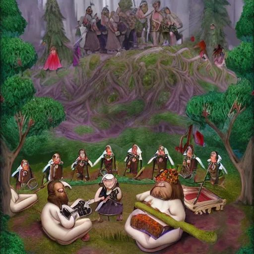 Image similar to a beatiful dwarven festival in 1917 in a fertile green park with surreal elven nature, a gnome rock band concert and dwarven BBQ