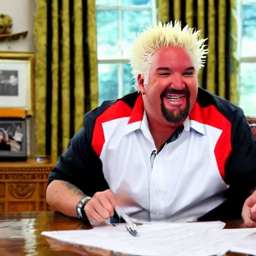 Image similar to President Guy Fieri at his desk in the Oval Office, news camera footage