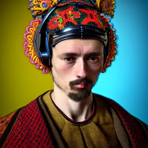Prompt: Colour Caravaggio style full body portrait Photography of Highly detailed Man wearing detailed Ukrainian embroidered folk costume designed by Taras Shevchenko with 1000 years perfect face wearing highly detailed retrofuturistic VR headset designed by Josan Gonzalez. Many details In style of Josan Gonzalez and Mike Winkelmann and andgreg rutkowski and alphonse muchaand and Caspar David Friedrich and Stephen Hickman and James Gurney and Hiromasa Ogura. Rendered in Blender and Octane Render volumetric natural light