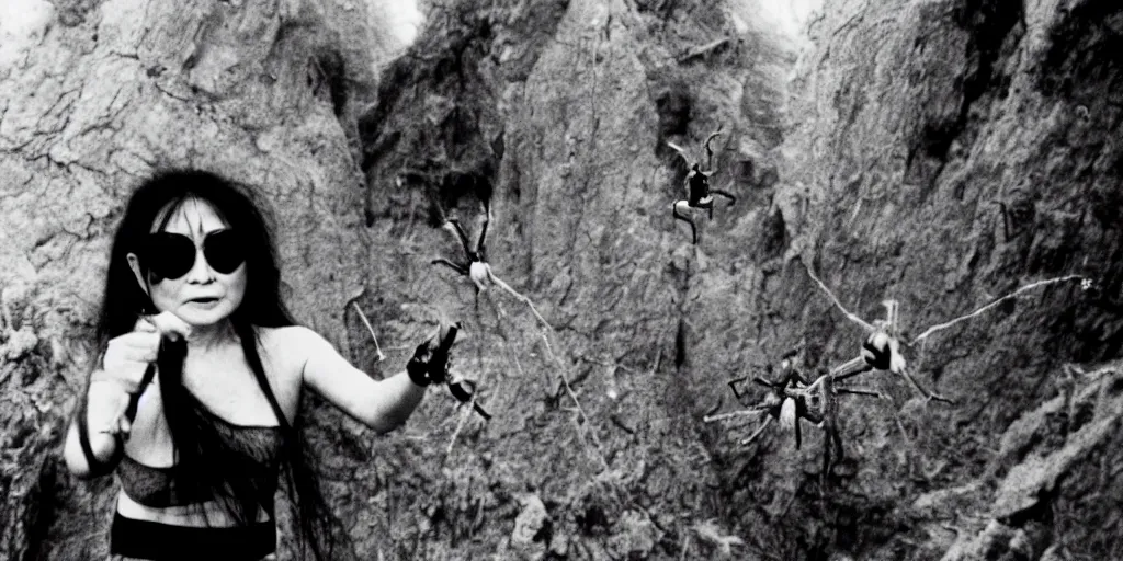 Image similar to Yoko Ono as the giant spider Shelob from Lord of the Rings, Directed by Stanley Kubrick, 1970, 35mm