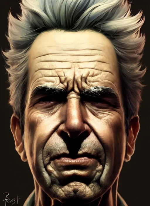 Image similar to concept art by artgerm, amazingly dense distance portrait of a hyper realistic, frowning, sad rick sanchez by greg rutkowski, artgerm, alphonse mucha, concept art, octane render, highly detailed, high quality, 8 k, soft lighting, path traced, and uang guangjian and gil elvgren, symmetry!!