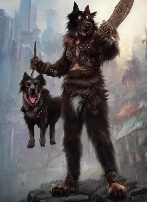 Prompt: wide angle beautiful full body portrait of a cute male anthropomorphic anthro border collie fursona wearing a barbarian outfit in downtown seattle, character design by charlie bowater, henry asencio, and ross tran, disney, scenic background, detailed, glamor pose, aesthetic, trending on artstation, furaffinity, deviantart