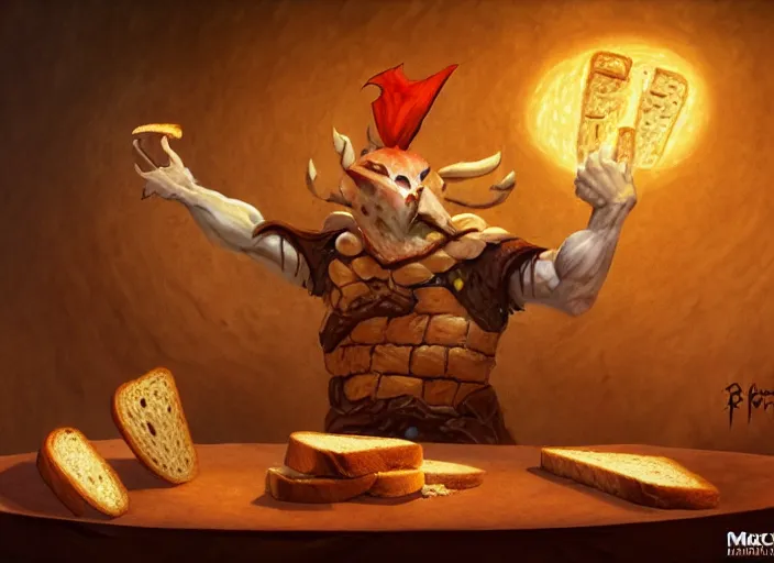 Prompt: a character made out of bread and toast giving a speech in front of a podium, audience in the background, by marco bucci and frank frazetta, magic : the gathering fantasy concept art, high resolution, fantasy coloring, intricate, digital painting, artstation, smooth, sharp focus