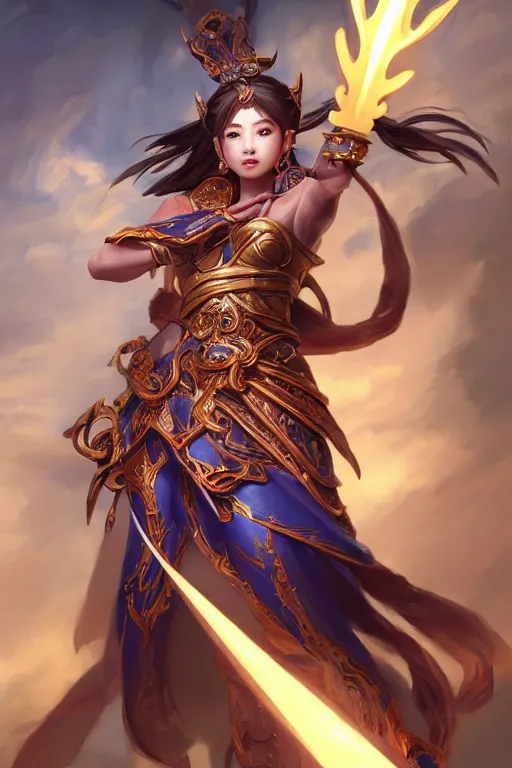 Image similar to a masterpiece portrait of nezha, legendary god holding spear, hero action pose, fantasy character portrait, hyper detailed, digital painting, 8 k realistic, trending on artstation, sharp focus, dof, by fenghua zhong, artgerm, ne zha from smite, tsuyoshi nagano, phonenix in background