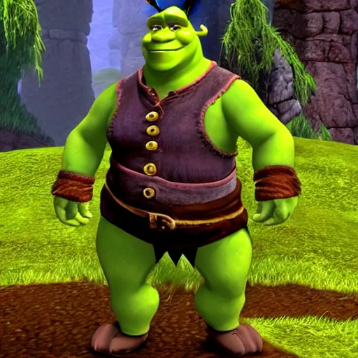 Image similar to Shrek in the style of Bard's Tale (2004), developed by inXile Entertainment. Shrek green orge in Bard's Tale