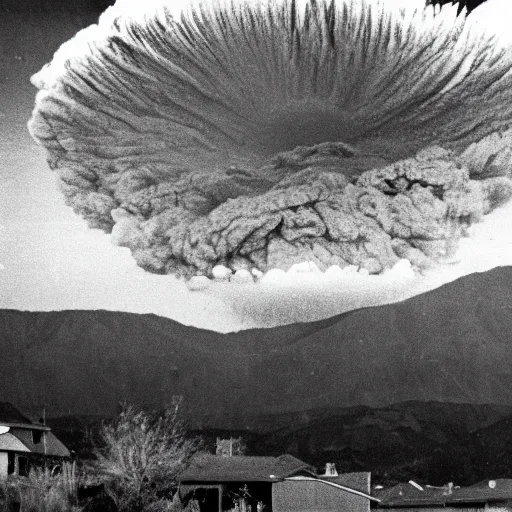 Image similar to incoming debris cloud, nuclear explosion. A family on their front porch watching the explosive impact of a meteorite into the distant mountains. Comet, Meteor, apocalypse, shockwave, total and absolute destruction
