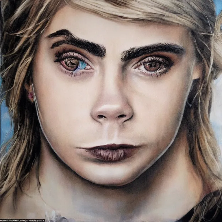 Image similar to Street-art portrait of Cara Delevingne in style of Banksy, photorealism, elegan woman, smiling, clear eyes