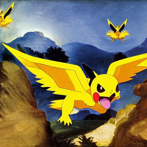 Prompt: Pokemon Zapdos flying above a slate mountain painted by Caravaggio. High quality.