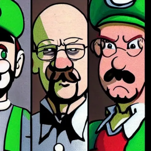 Prompt: mario and luigi and walter white and jesse pinkman