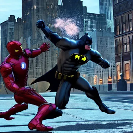 Image similar to batman and iron man fighting in chicago, ultra realistic, photorealistic, ultra details, cinematic