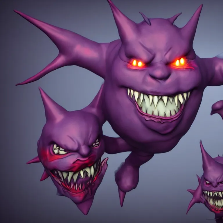 Image similar to gengar transformation closeup realistic, 3 d render, 3 d rendered, high detail, high resolution, dynamic lighting, moody lighting, high contrast, colorful